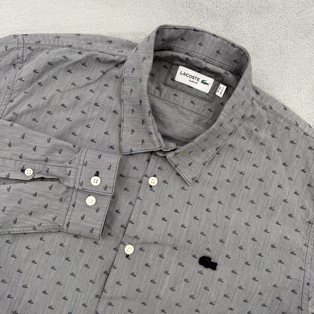Lacoste Mens Slim Fit Button Down Shirt Grey Geometric Logo Size US‎ 17.5
